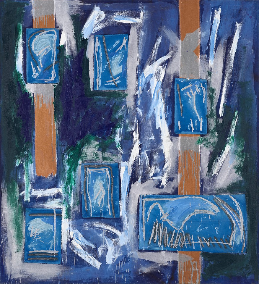 Ann Purcell, Moody Blues (Caravan Series), 1981
Acrylic, silveroil, copperoil, and pieced paper on canvas, 72 x 66 in. (182.9 x 167.6 cm)
PUR-00175