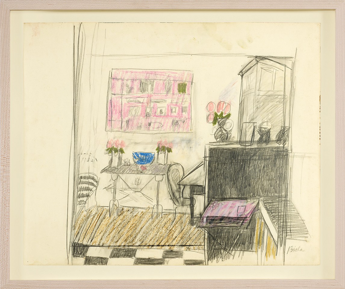 Janice Biala, Interior with Pink Peonies and Blue Bowl, c.1975
Oil pastel and pencil on paper, 19 x 25 1/2 in. (48.3 x 64.8 cm)
BIAL-00063